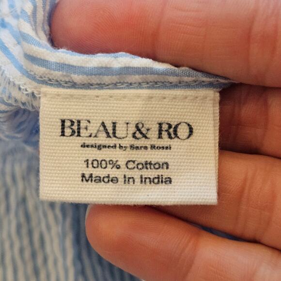 The Margot Dress Size M  Blue Seersucker Smocked Bodice Maxi Flutter Hem Pockets - Picture 11 of 12